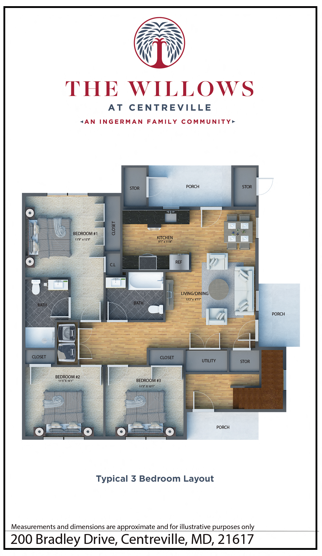 Floor plan for 3 beds, 2 baths